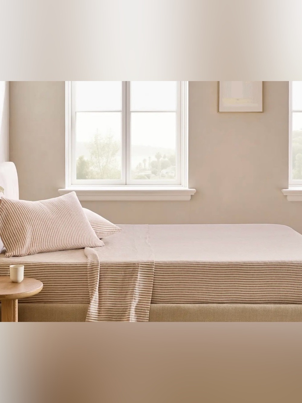 NWOT Quince European Linen 4 Pc Stripe Sheet Set, Queen (Latte/White)
